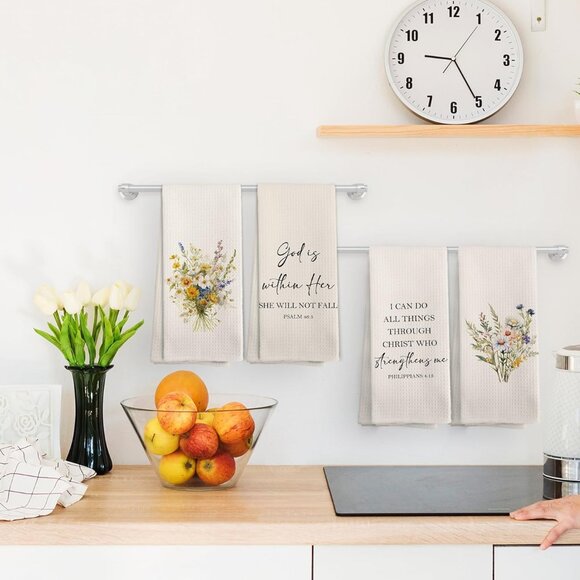 Christian Kitchen Towels Set 4 Bath Dishcloths Bible Verse God Gift - Picture 2 of 7